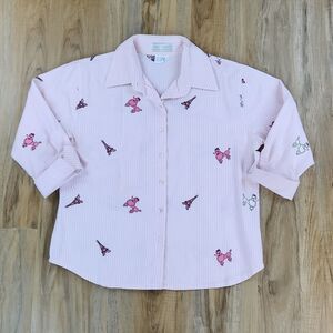 🩵Casey Coleman Pink Striped Embroidered Paris Themed Top Small